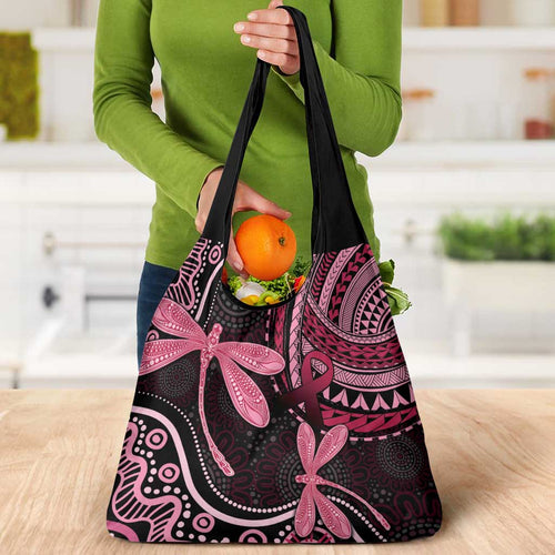 Australia Indigenous Mix Polynesian Grocery Bag Pink Ribbon and Dragonflies - Aussie Hoodie