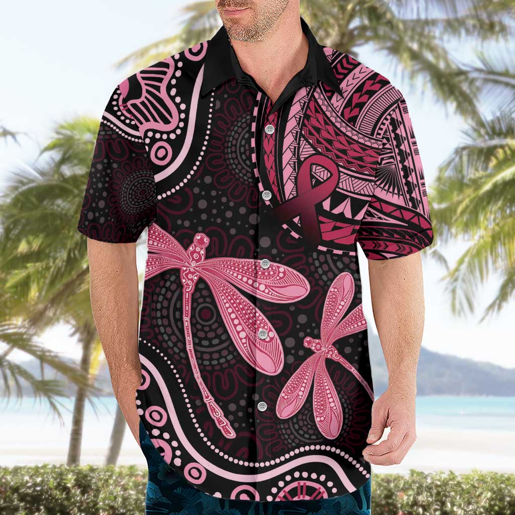 Australia Indigenous Mix Polynesian Hawaiian Shirt Pink Ribbon and Dragonflies - Aussie Hoodie