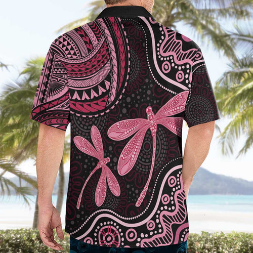 Australia Indigenous Mix Polynesian Hawaiian Shirt Pink Ribbon and Dragonflies - Aussie Hoodie