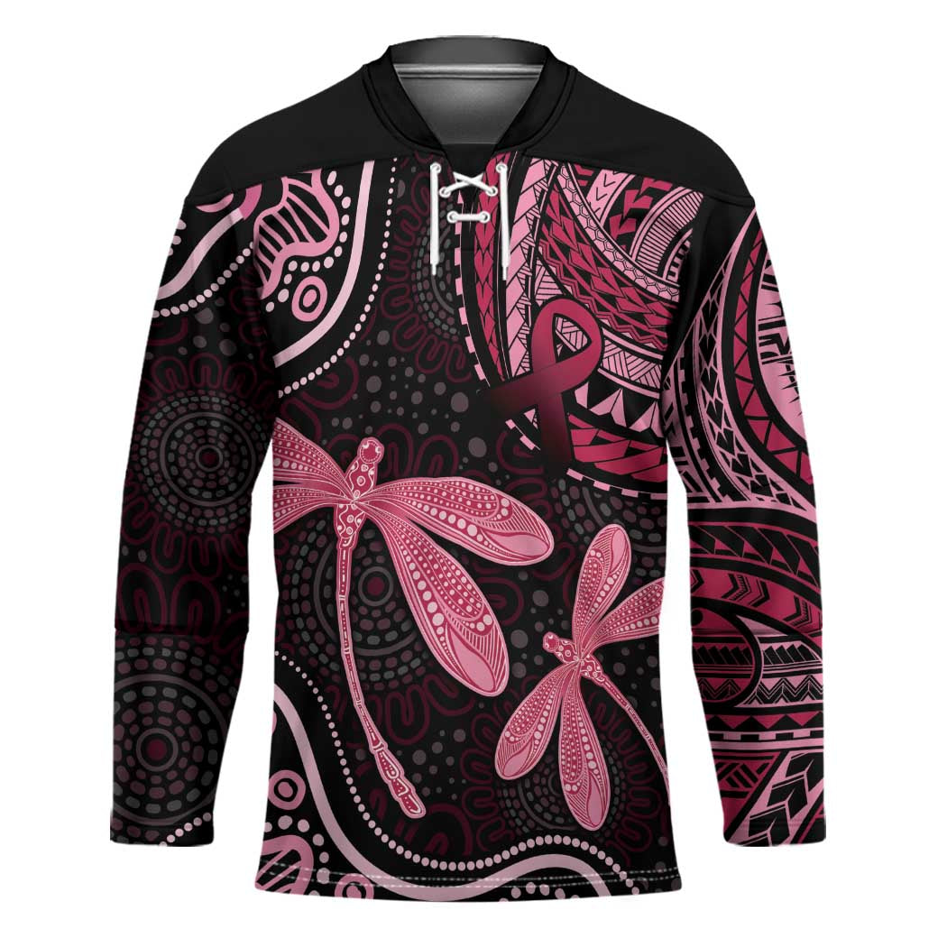 Australia Indigenous Mix Polynesian Hockey Jersey Pink Ribbon and Dragonflies - Aussie Hoodie