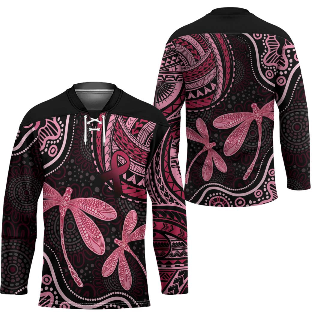 Australia Indigenous Mix Polynesian Hockey Jersey Pink Ribbon and Dragonflies - Aussie Hoodie