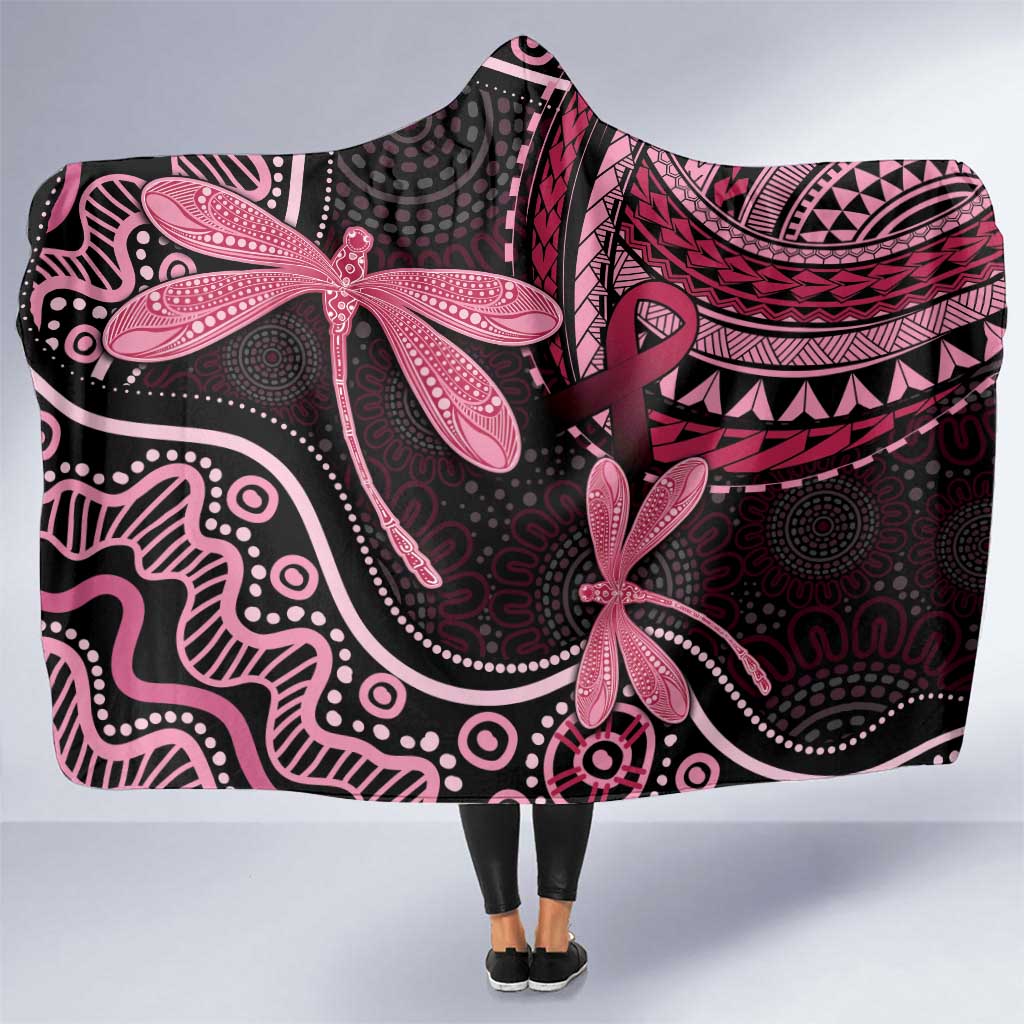 Australia Indigenous Mix Polynesian Hooded Blanket Pink Ribbon and Dragonflies - Aussie Hoodie