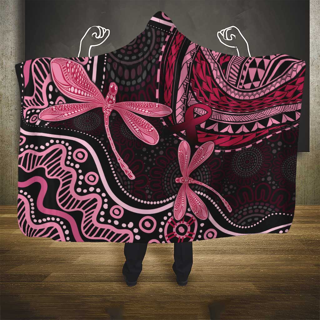 Australia Indigenous Mix Polynesian Hooded Blanket Pink Ribbon and Dragonflies - Aussie Hoodie