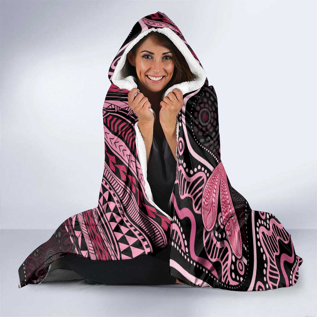 Australia Indigenous Mix Polynesian Hooded Blanket Pink Ribbon and Dragonflies - Aussie Hoodie