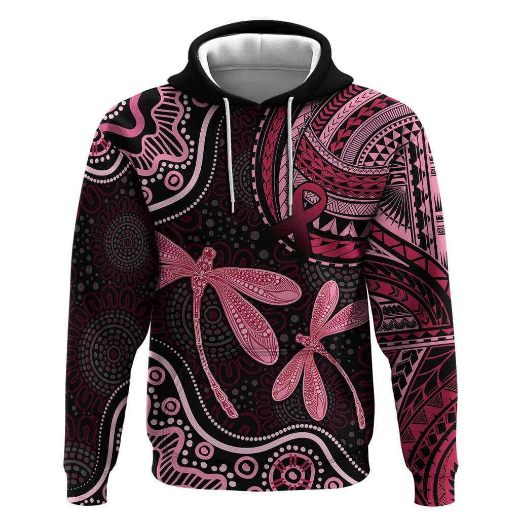 Australia Indigenous Mix Polynesian Hoodie Pink Ribbon and Dragonflies - Aussie Hoodie