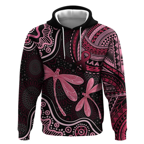 Australia Indigenous Mix Polynesian Hoodie Pink Ribbon and Dragonflies - Aussie Hoodie
