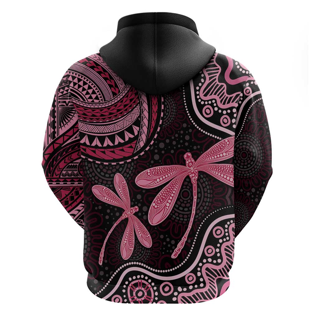 Australia Indigenous Mix Polynesian Hoodie Pink Ribbon and Dragonflies - Aussie Hoodie