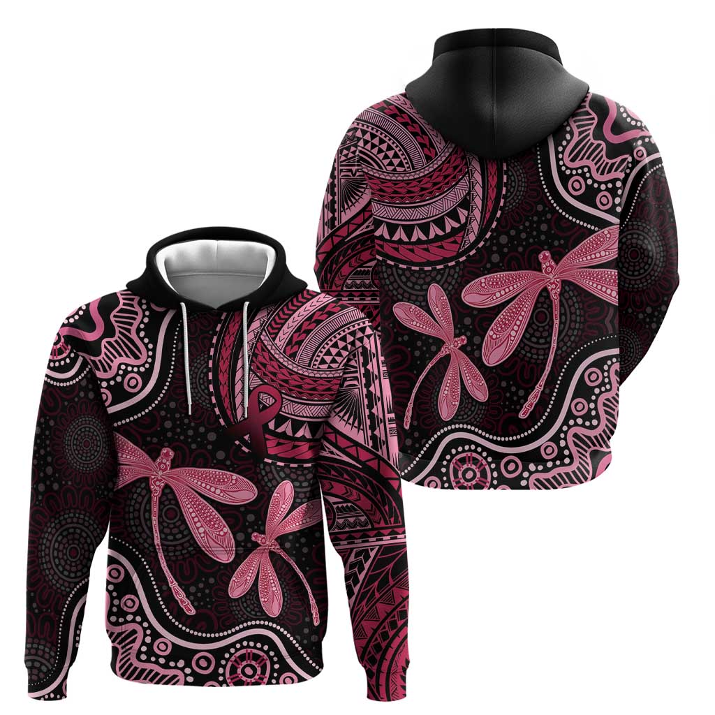 Australia Indigenous Mix Polynesian Hoodie Pink Ribbon and Dragonflies - Aussie Hoodie