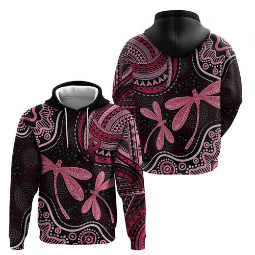 Australia Indigenous Mix Polynesian Hoodie Pink Ribbon and Dragonflies - Aussie Hoodie