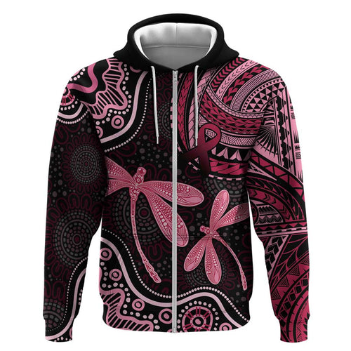 Australia Indigenous Mix Polynesian Hoodie Pink Ribbon and Dragonflies - Aussie Hoodie