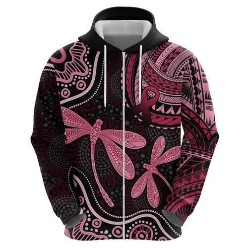 Australia Indigenous Mix Polynesian Hoodie Pink Ribbon and Dragonflies - Aussie Hoodie