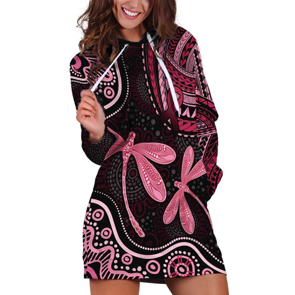Australia Indigenous Mix Polynesian Hoodie Dress Pink Ribbon and Dragonflies - Aussie Hoodie
