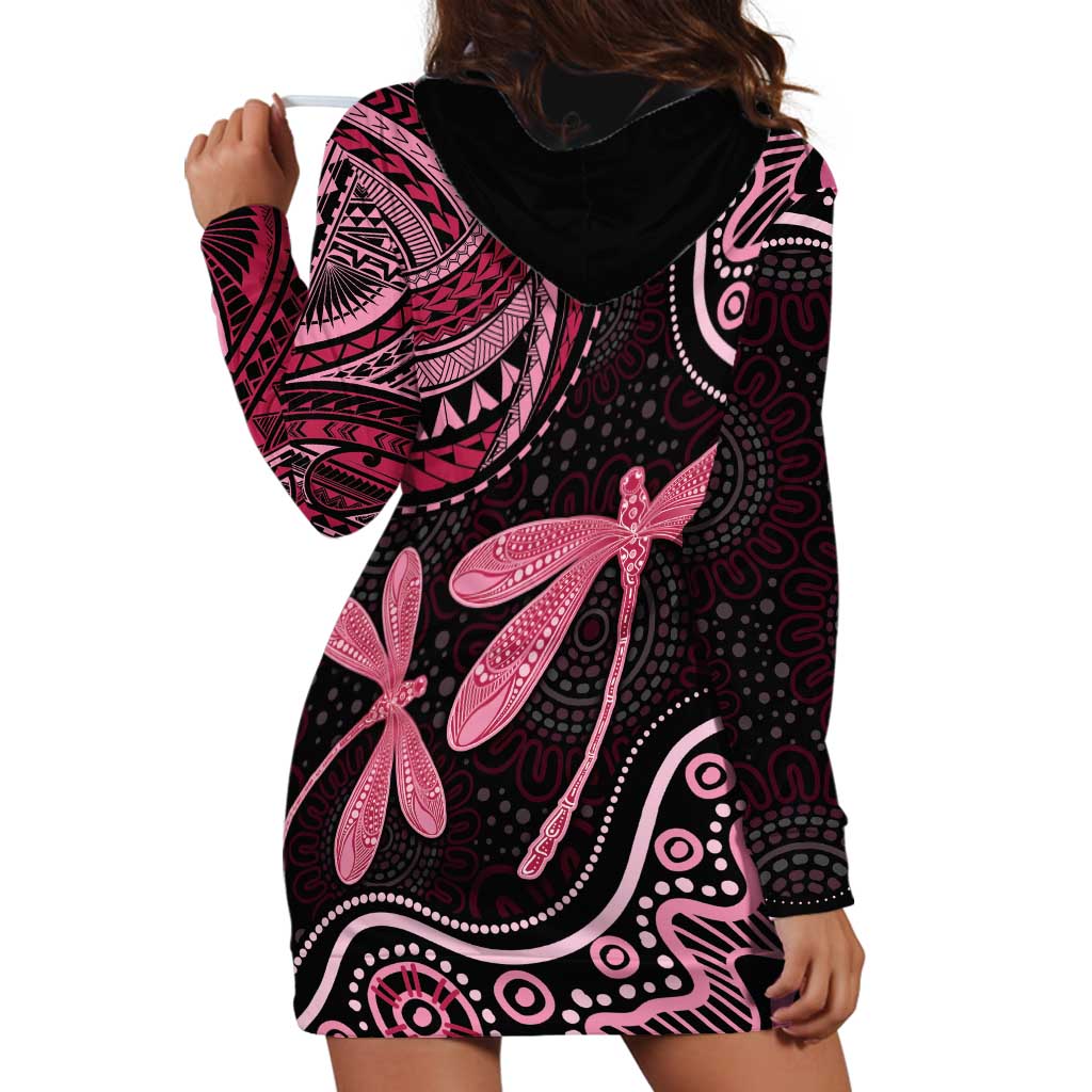 Australia Indigenous Mix Polynesian Hoodie Dress Pink Ribbon and Dragonflies - Aussie Hoodie