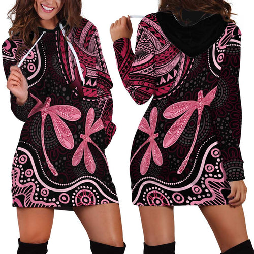 Australia Indigenous Mix Polynesian Hoodie Dress Pink Ribbon and Dragonflies - Aussie Hoodie