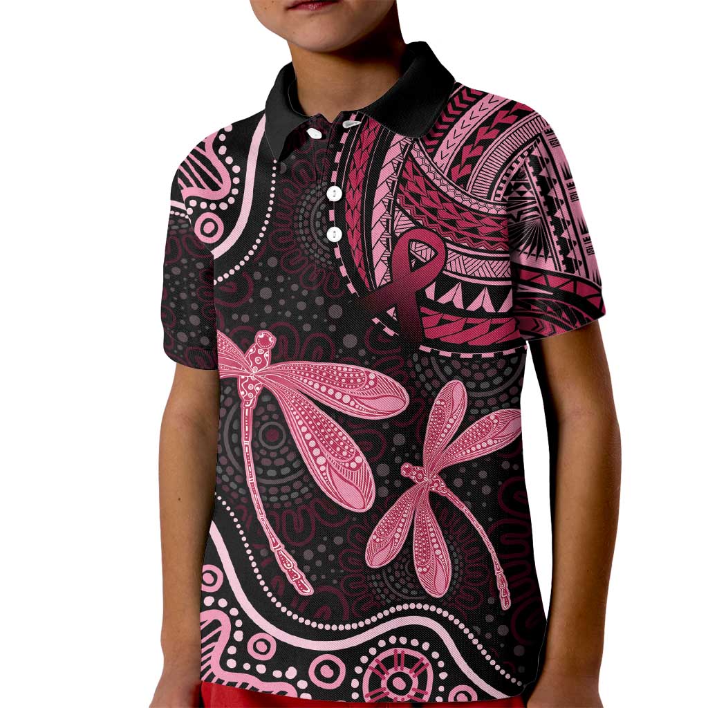 Australia Indigenous Mix Polynesian Kid Polo Shirt Pink Ribbon and Dragonflies - Aussie Hoodie