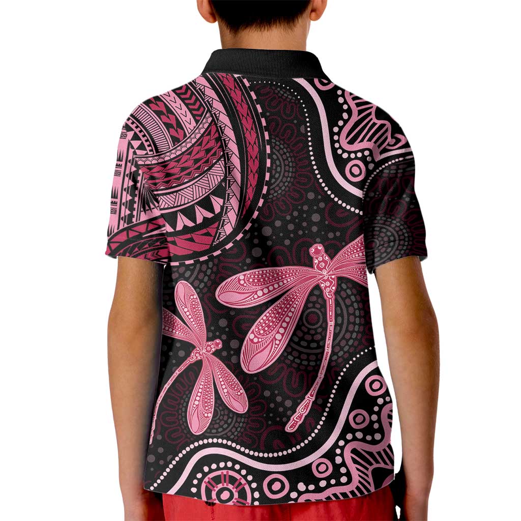 Australia Indigenous Mix Polynesian Kid Polo Shirt Pink Ribbon and Dragonflies - Aussie Hoodie