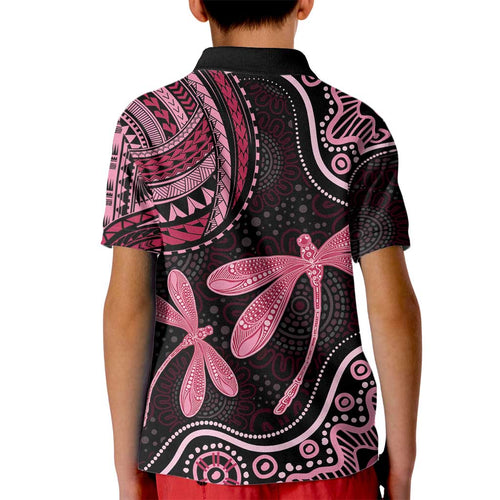 Australia Indigenous Mix Polynesian Kid Polo Shirt Pink Ribbon and Dragonflies - Aussie Hoodie