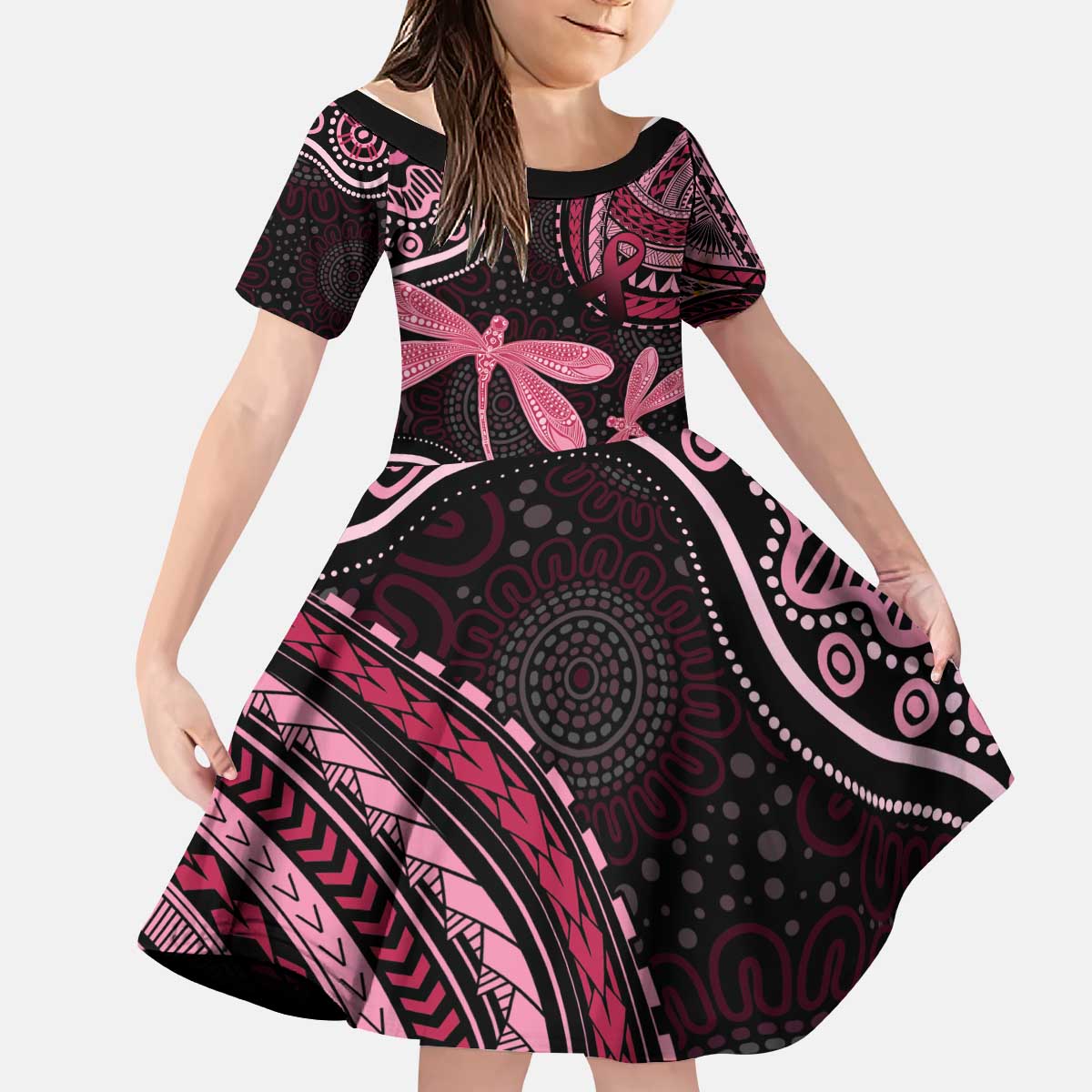 Australia Indigenous Mix Polynesian Kid Short Sleeve Dress Pink Ribbon and Dragonflies - Aussie Hoodie