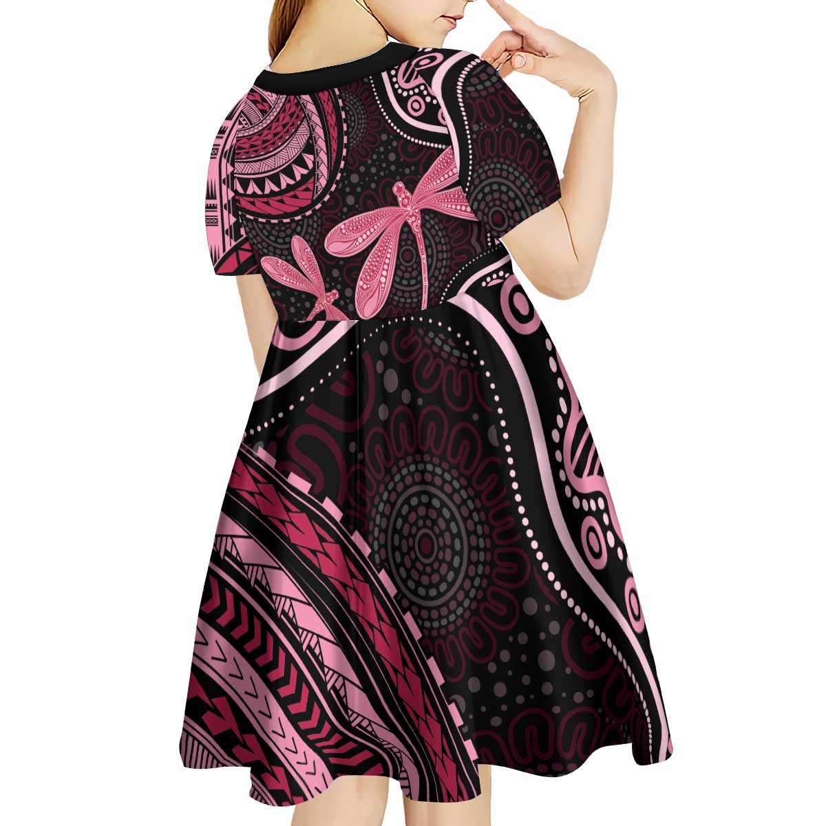 Australia Indigenous Mix Polynesian Kid Short Sleeve Dress Pink Ribbon and Dragonflies - Aussie Hoodie