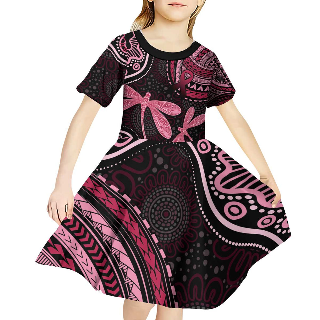 Australia Indigenous Mix Polynesian Kid Short Sleeve Dress Pink Ribbon and Dragonflies - Aussie Hoodie
