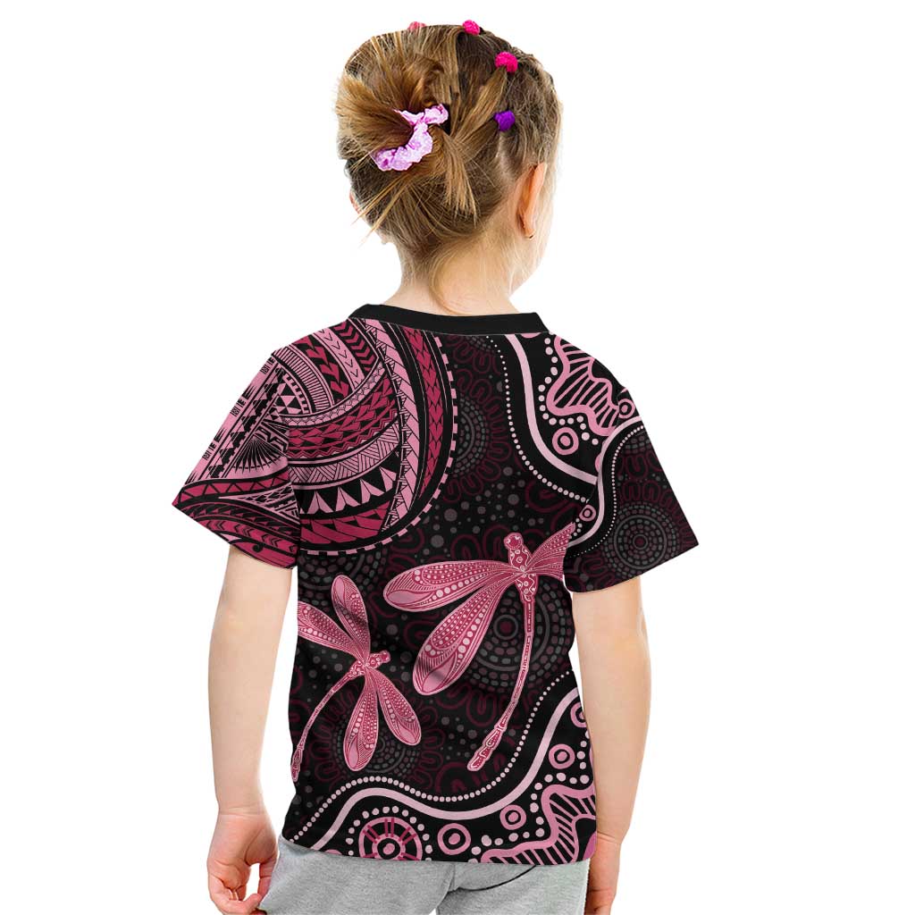 Australia Indigenous Mix Polynesian Kid T Shirt Pink Ribbon and Dragonflies - Aussie Hoodie