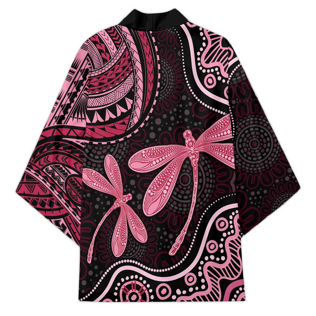 Australia Indigenous Mix Polynesian Kimono Pink Ribbon and Dragonflies - Aussie Hoodie