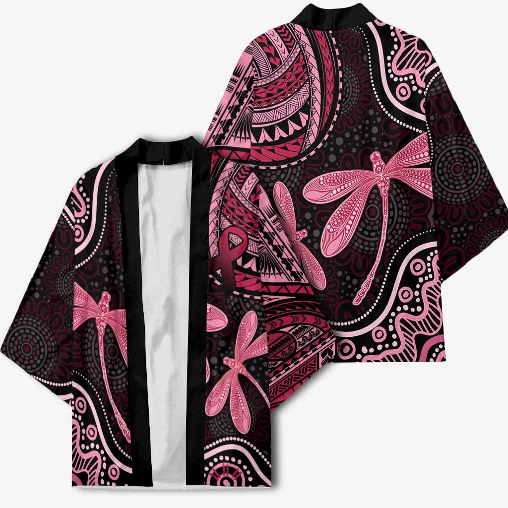 Australia Indigenous Mix Polynesian Kimono Pink Ribbon and Dragonflies - Aussie Hoodie