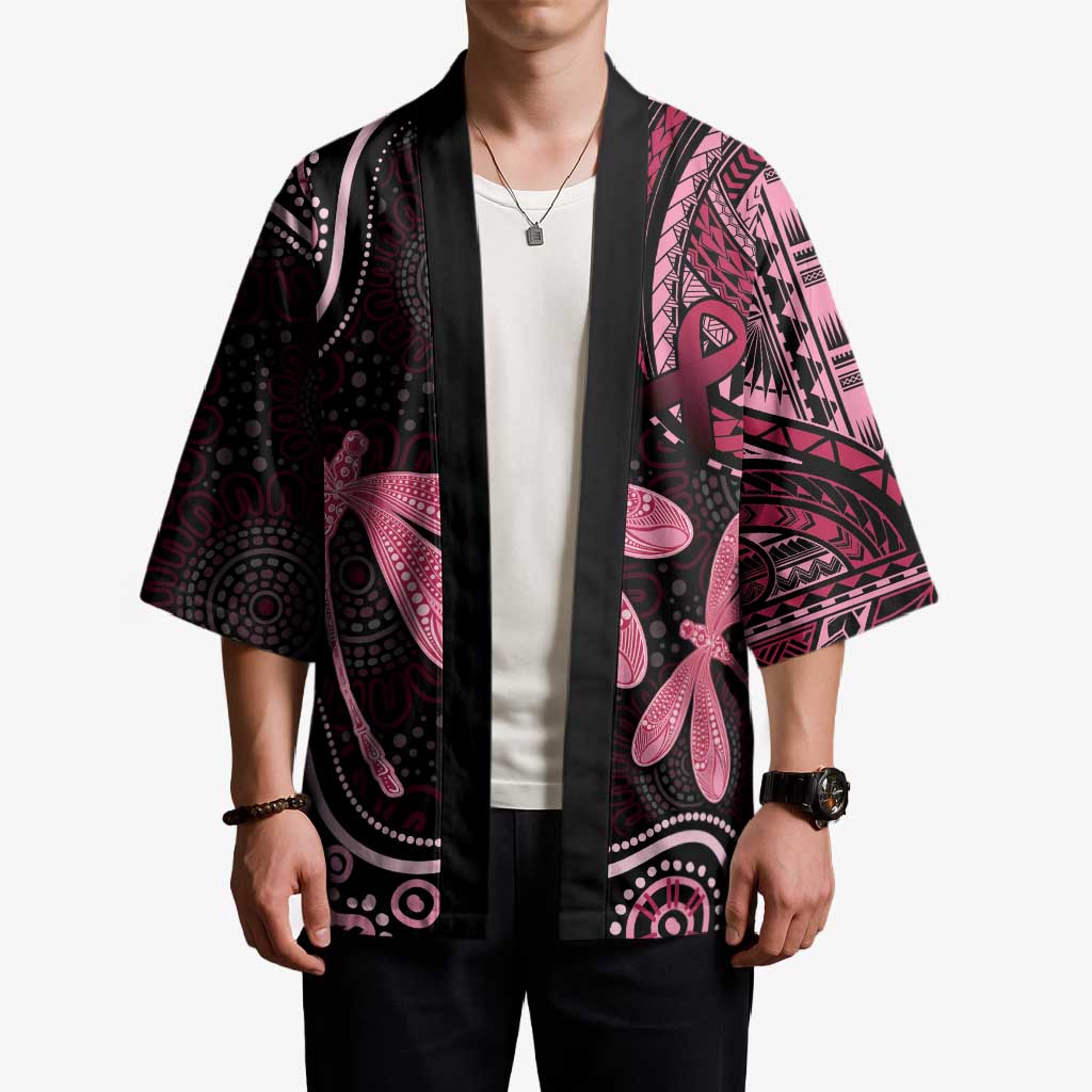 Australia Indigenous Mix Polynesian Kimono Pink Ribbon and Dragonflies - Aussie Hoodie