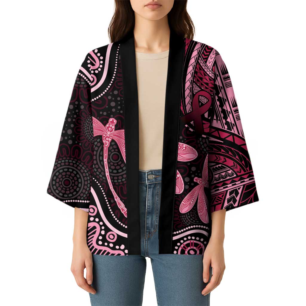 Australia Indigenous Mix Polynesian Kimono Pink Ribbon and Dragonflies - Aussie Hoodie