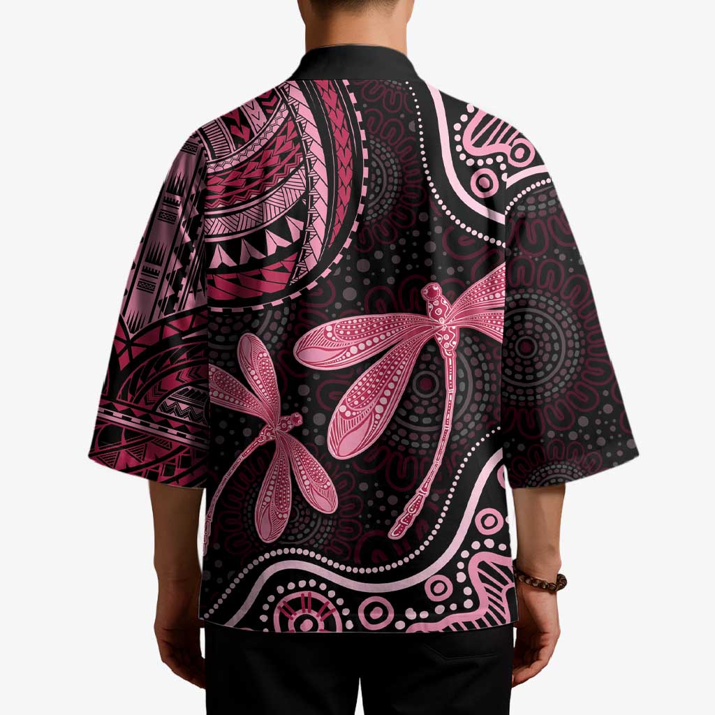 Australia Indigenous Mix Polynesian Kimono Pink Ribbon and Dragonflies - Aussie Hoodie