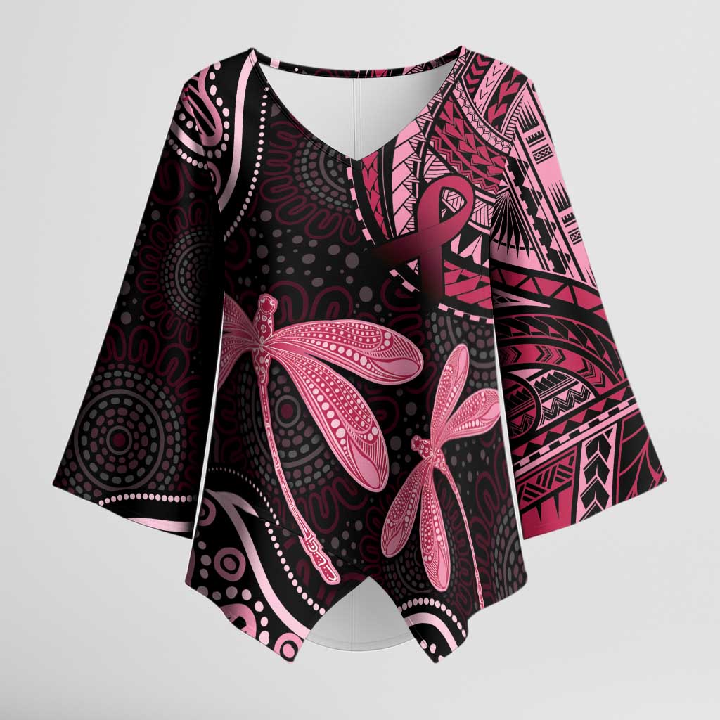 Australia Indigenous Mix Polynesian Kimono Sleeve Blouse Pink Ribbon and Dragonflies - Aussie Hoodie
