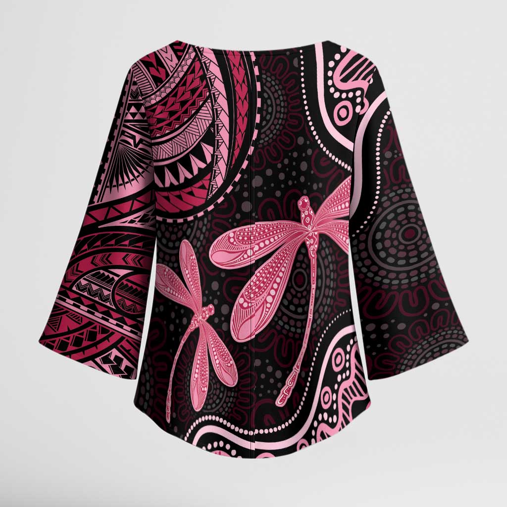Australia Indigenous Mix Polynesian Kimono Sleeve Blouse Pink Ribbon and Dragonflies - Aussie Hoodie