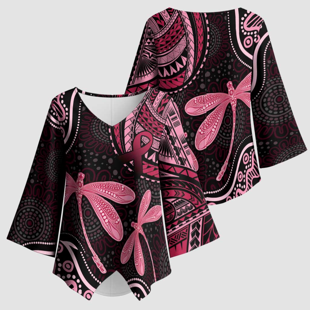 Australia Indigenous Mix Polynesian Kimono Sleeve Blouse Pink Ribbon and Dragonflies - Aussie Hoodie