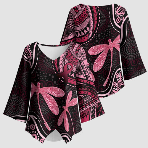 Australia Indigenous Mix Polynesian Kimono Sleeve Blouse Pink Ribbon and Dragonflies - Aussie Hoodie