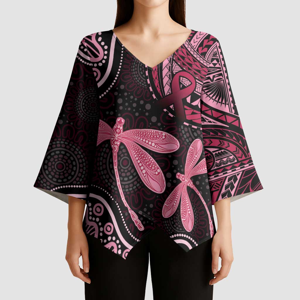 Australia Indigenous Mix Polynesian Kimono Sleeve Blouse Pink Ribbon and Dragonflies - Aussie Hoodie