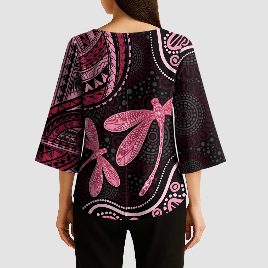 Australia Indigenous Mix Polynesian Kimono Sleeve Blouse Pink Ribbon and Dragonflies - Aussie Hoodie