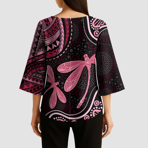 Australia Indigenous Mix Polynesian Kimono Sleeve Blouse Pink Ribbon and Dragonflies - Aussie Hoodie