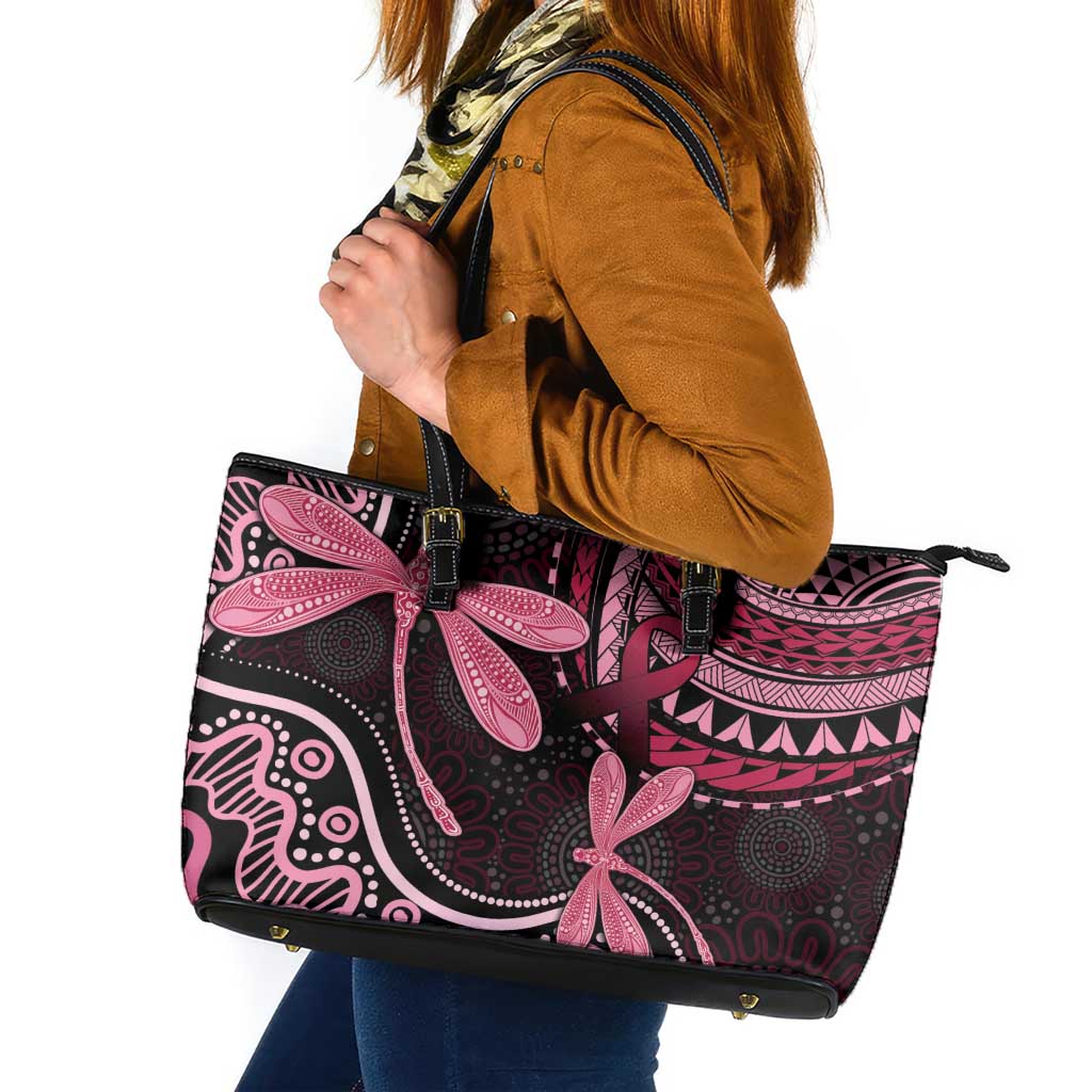 Australia Indigenous Mix Polynesian Leather Tote Bag Pink Ribbon and Dragonflies - Aussie Hoodie