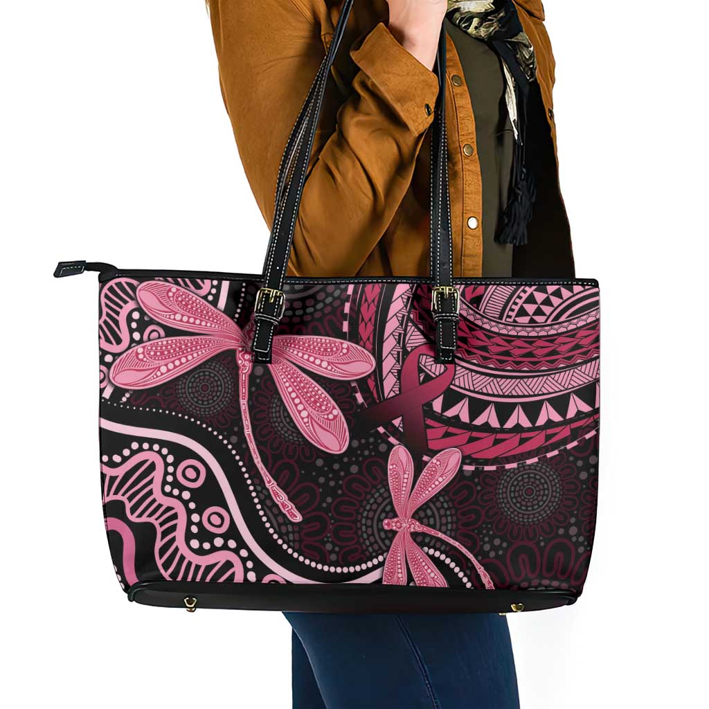 Australia Indigenous Mix Polynesian Leather Tote Bag Pink Ribbon and Dragonflies - Aussie Hoodie