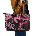 Australia Indigenous Mix Polynesian Leather Tote Bag Pink Ribbon and Dragonflies - Aussie Hoodie