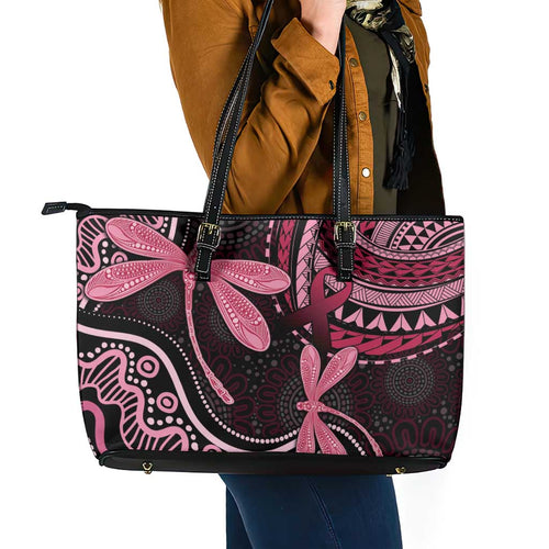 Australia Indigenous Mix Polynesian Leather Tote Bag Pink Ribbon and Dragonflies - Aussie Hoodie