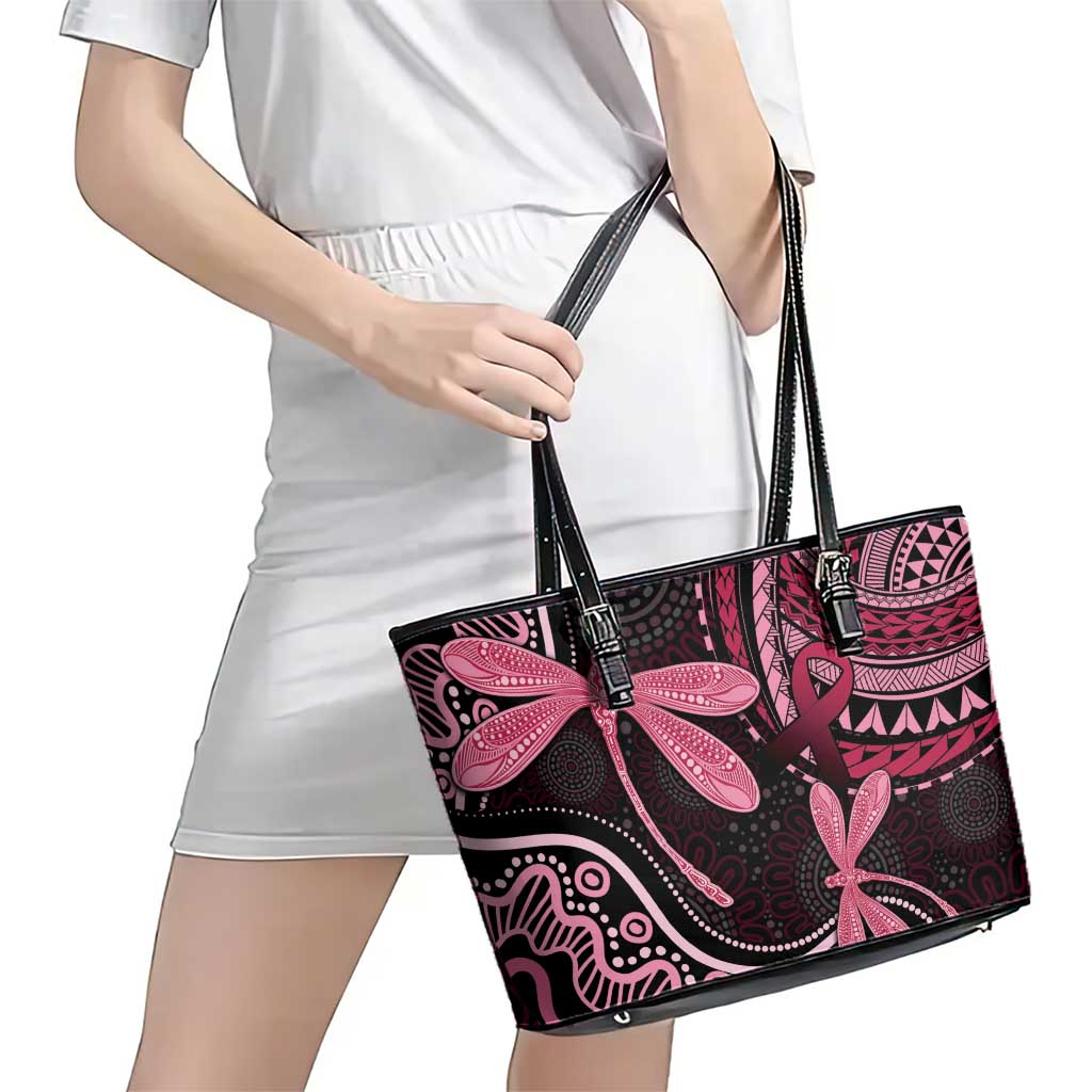 Australia Indigenous Mix Polynesian Leather Tote Bag Pink Ribbon and Dragonflies - Aussie Hoodie