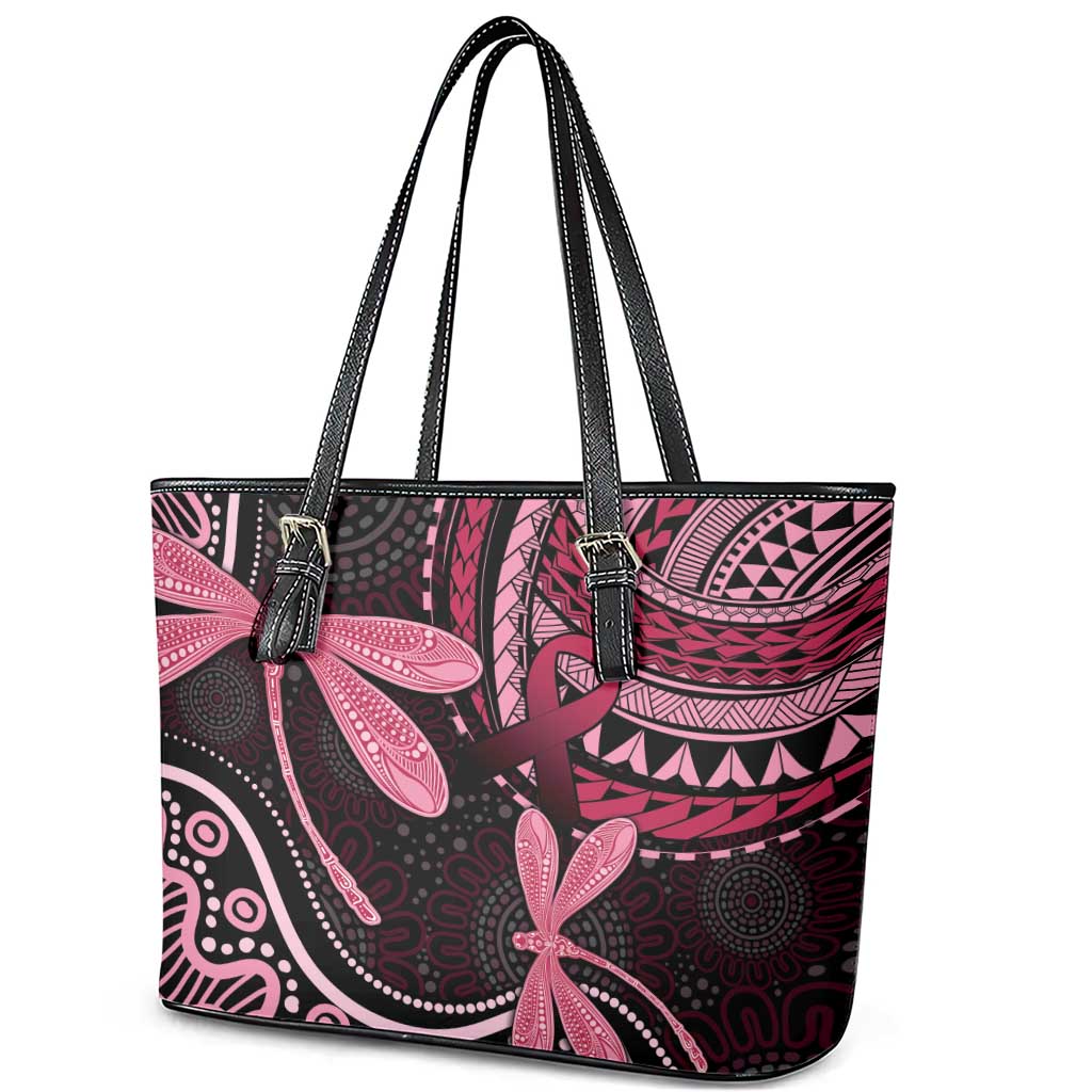 Australia Indigenous Mix Polynesian Leather Tote Bag Pink Ribbon and Dragonflies - Aussie Hoodie