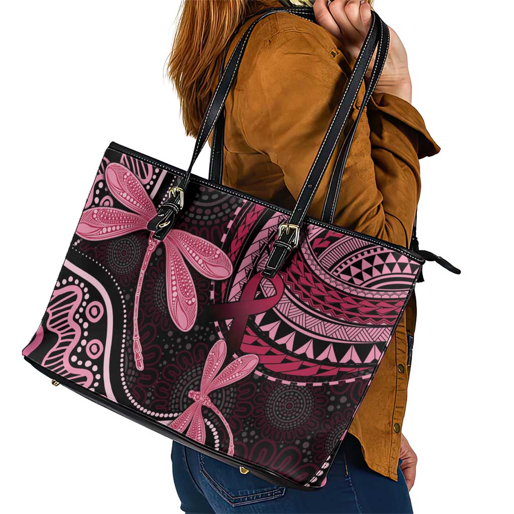 Australia Indigenous Mix Polynesian Leather Tote Bag Pink Ribbon and Dragonflies - Aussie Hoodie