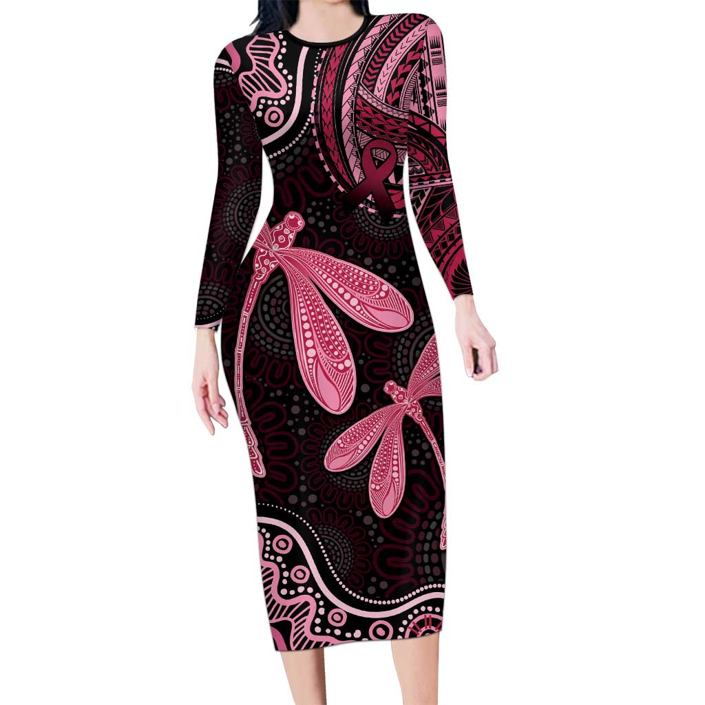 Australia Indigenous Mix Polynesian Long Sleeve Bodycon Dress Pink Ribbon and Dragonflies - Aussie Hoodie