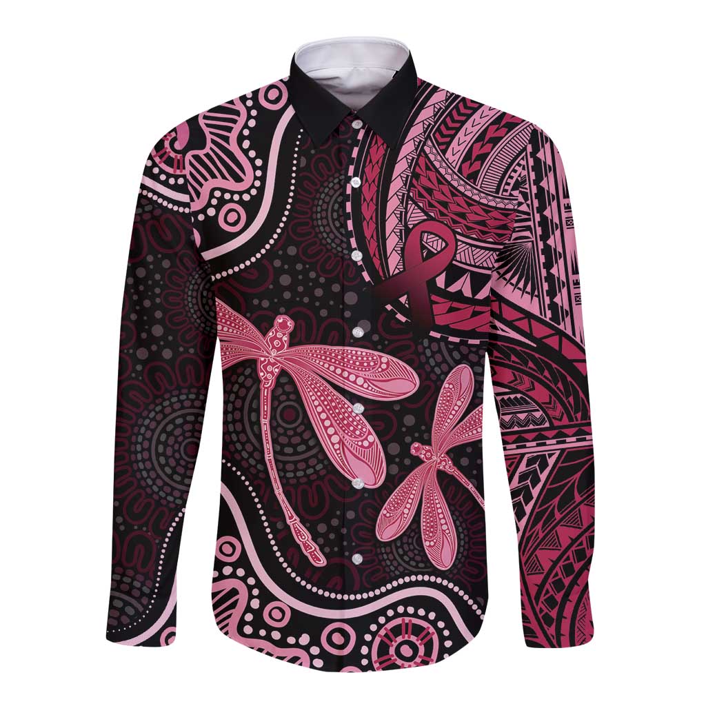 Australia Indigenous Mix Polynesian Long Sleeve Button Shirt Pink Ribbon and Dragonflies - Aussie Hoodie
