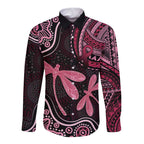 Australia Indigenous Mix Polynesian Long Sleeve Button Shirt Pink Ribbon and Dragonflies - Aussie Hoodie