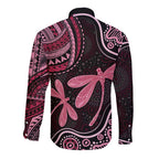 Australia Indigenous Mix Polynesian Long Sleeve Button Shirt Pink Ribbon and Dragonflies - Aussie Hoodie