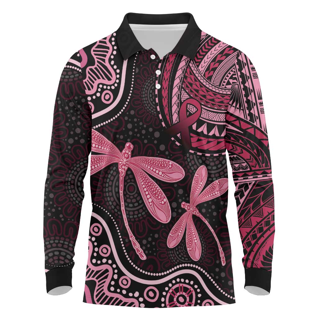 Australia Indigenous Mix Polynesian Long Sleeve Polo Shirt Pink Ribbon and Dragonflies - Aussie Hoodie