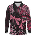 Australia Indigenous Mix Polynesian Long Sleeve Polo Shirt Pink Ribbon and Dragonflies - Aussie Hoodie